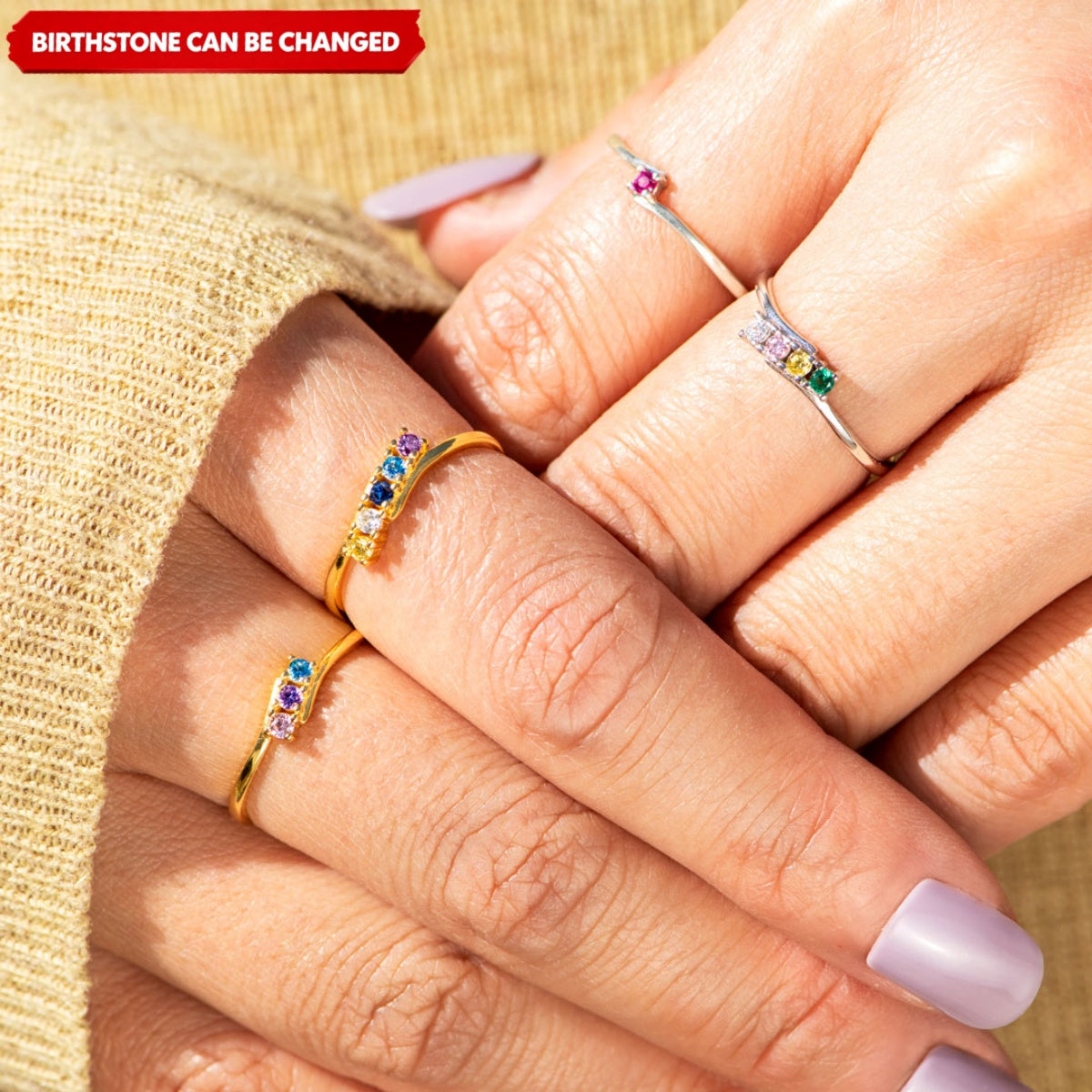 Personalized 1-6 Birthstones Bypass Mother's Ring -Gift For Mom Family