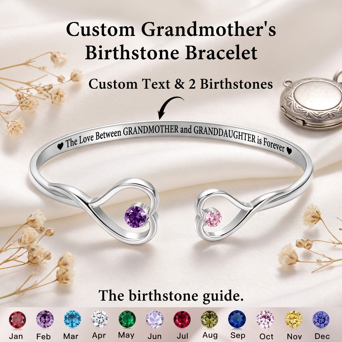 The Love Between Grandmother & Granddaughter Personalized Birthstone Heart Cuff Bracelet