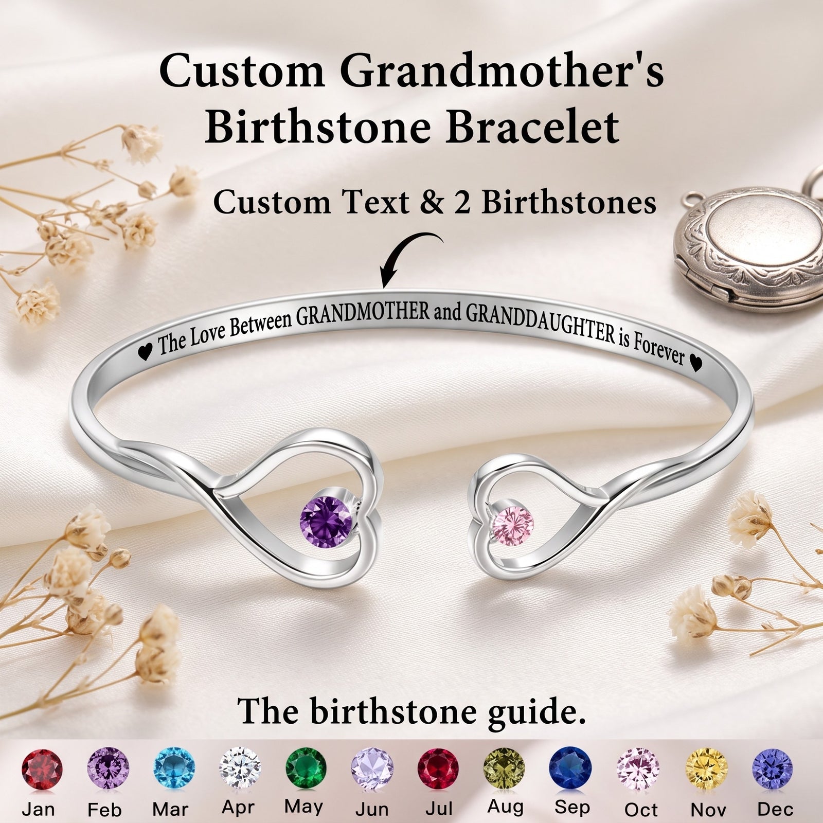 The Love Between Grandmother & Granddaughter Personalized Birthstone Heart Cuff Bracelet