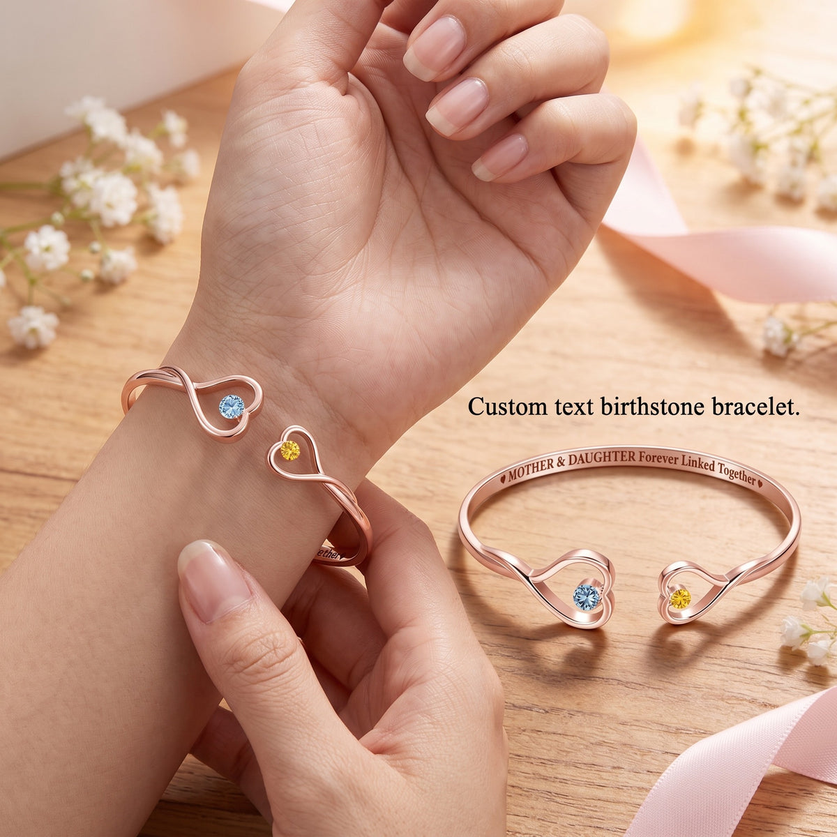 The Love Between Grandmother & Granddaughter Personalized Birthstone Heart Cuff Bracelet