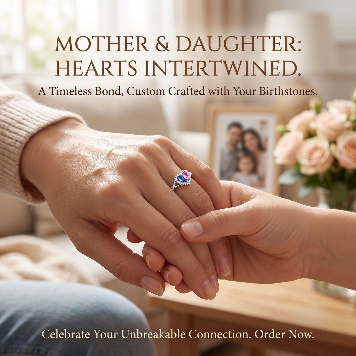 Mother & Daughter Dual Water Teardrop Birthstone Heart Ring Personalized Birthstone Jewelry