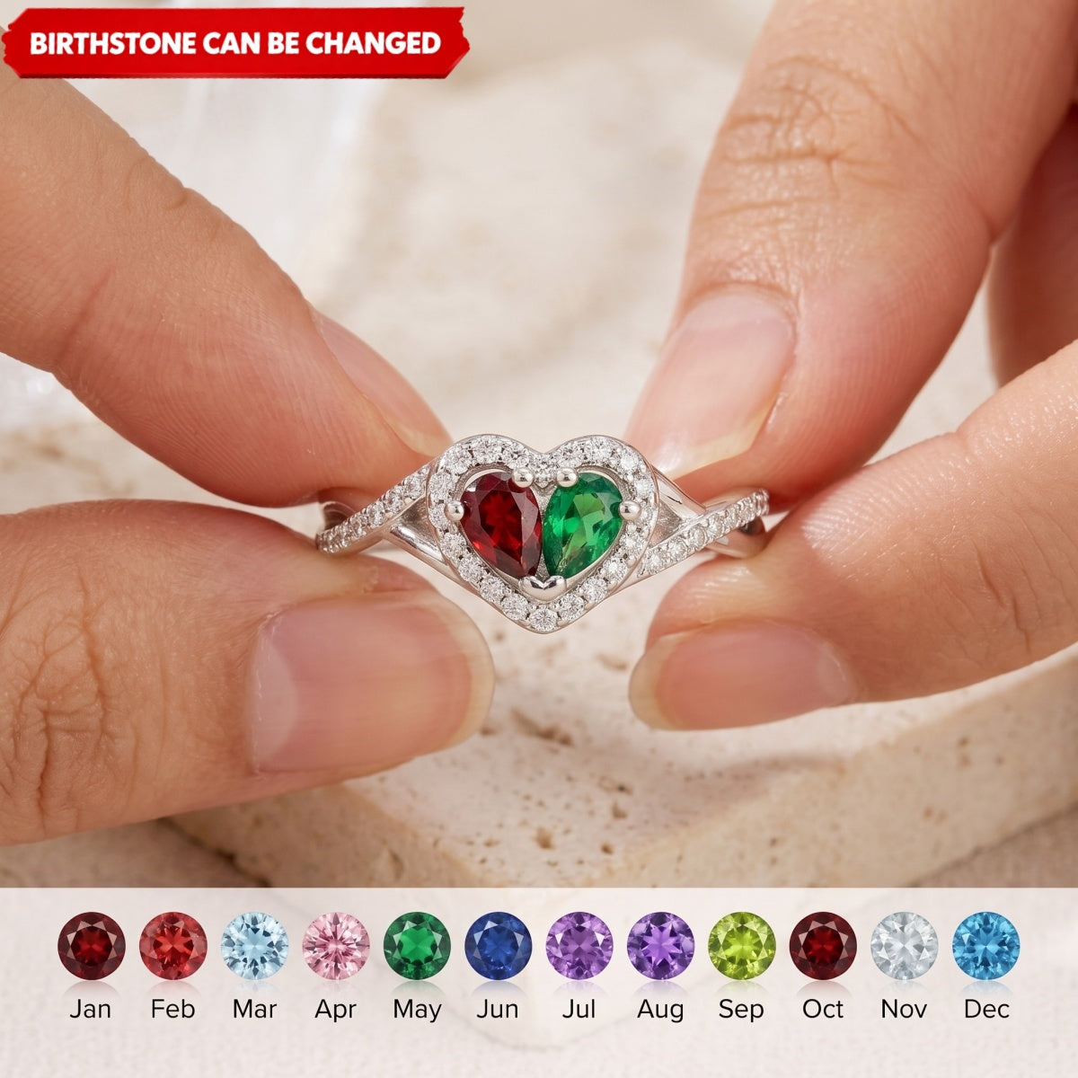 Mother & Daughter Dual Water Teardrop Birthstone Heart Ring Personalized Birthstone Jewelry