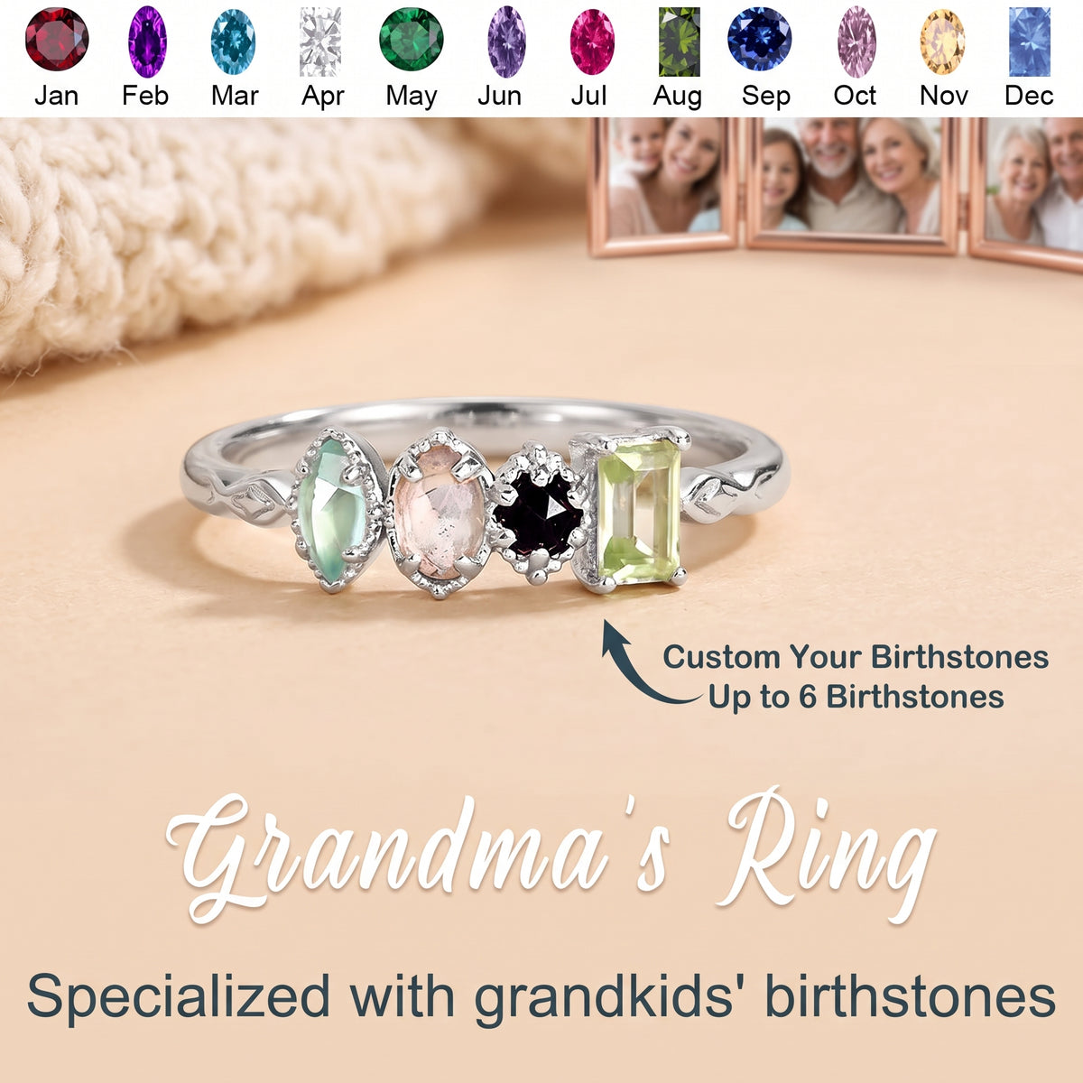 Multiple Birthstones Personalized Ring Vintage Milgrain Stones Grandma Mom Family Rings
