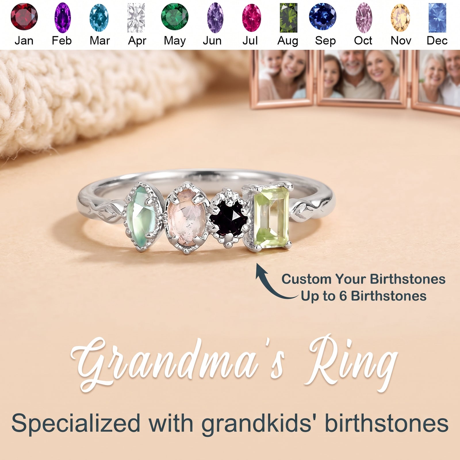Multiple Birthstones Personalized Ring Vintage Milgrain Stones Grandma Mom Family Rings