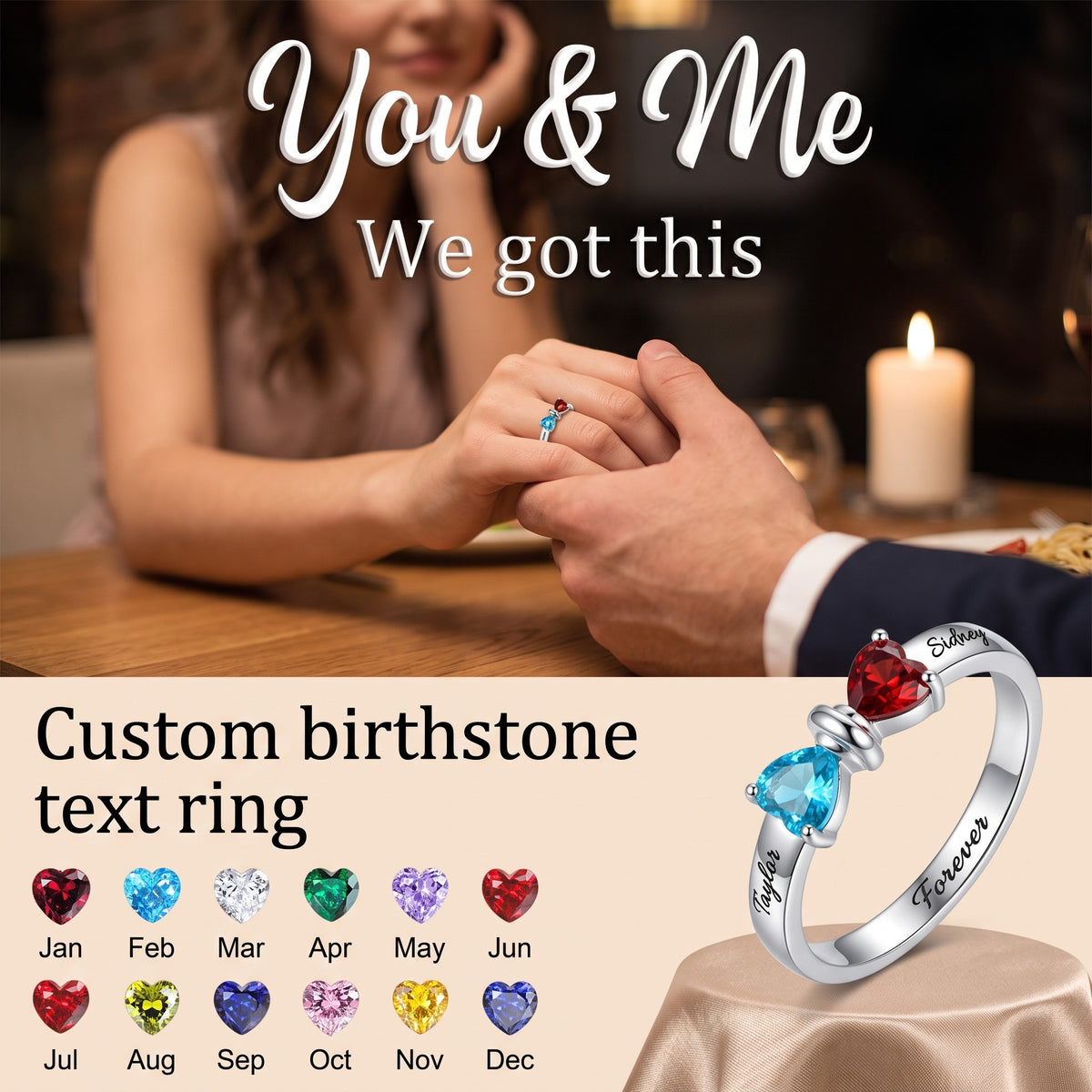 Adorable Bow Custom Heart Birthstone Personalized Engraving Names Ring, Gift For Couple