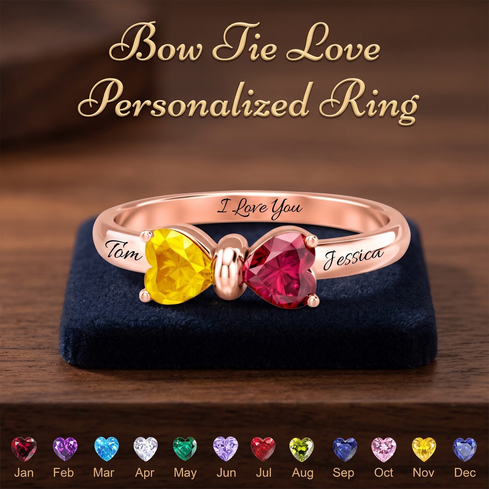 Adorable Bow Custom Heart Birthstone Personalized Engraving Names Ring, Gift For Couple