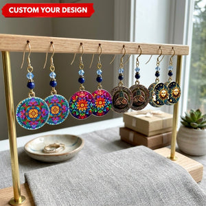 Custom Witchy Mandala Earrings Round Disc Celestial Mystic Dangle Jewelry Gift for Her