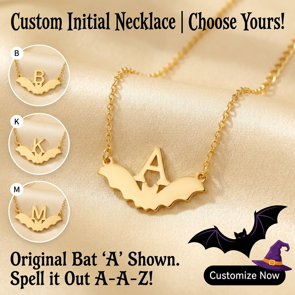 Gold Bat Initial Necklace – Halloween Jewelry Gift for Women with Adjustable Chain