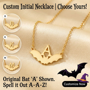 Gold Bat Initial Necklace – Halloween Jewelry Gift for Women with Adjustable Chain