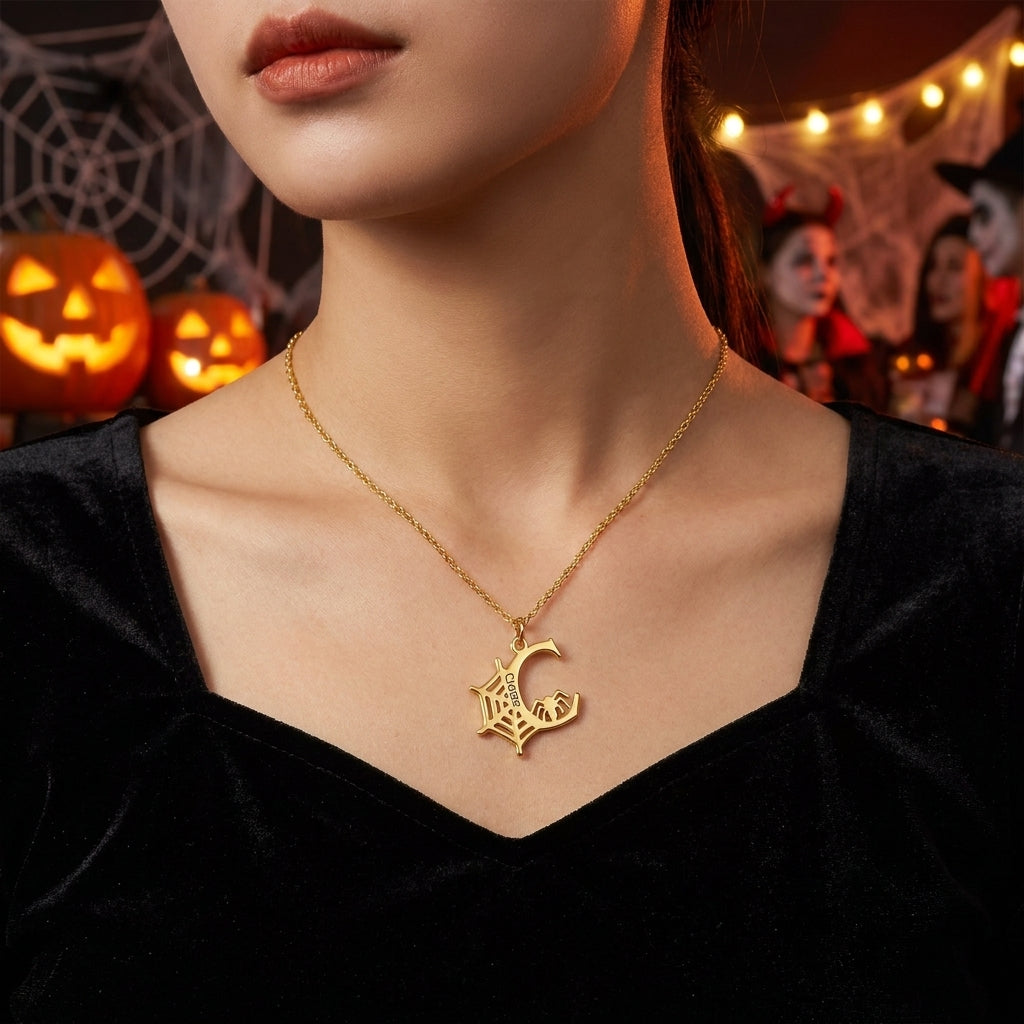 Engraved Gold Spider Web Necklace – Personalized Name Initial Halloween Jewelry Gift for Women
