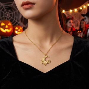 Engraved Gold Spider Web Necklace – Personalized Name Initial Halloween Jewelry Gift for Women