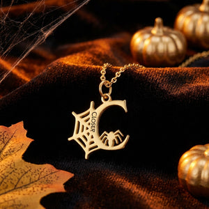 Engraved Gold Spider Web Necklace – Personalized Name Initial Halloween Jewelry Gift for Women