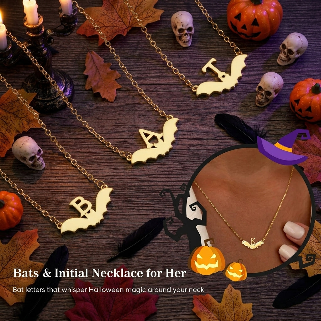 Gold Bat Initial Necklace – Halloween Jewelry Gift for Women with Adjustable Chain