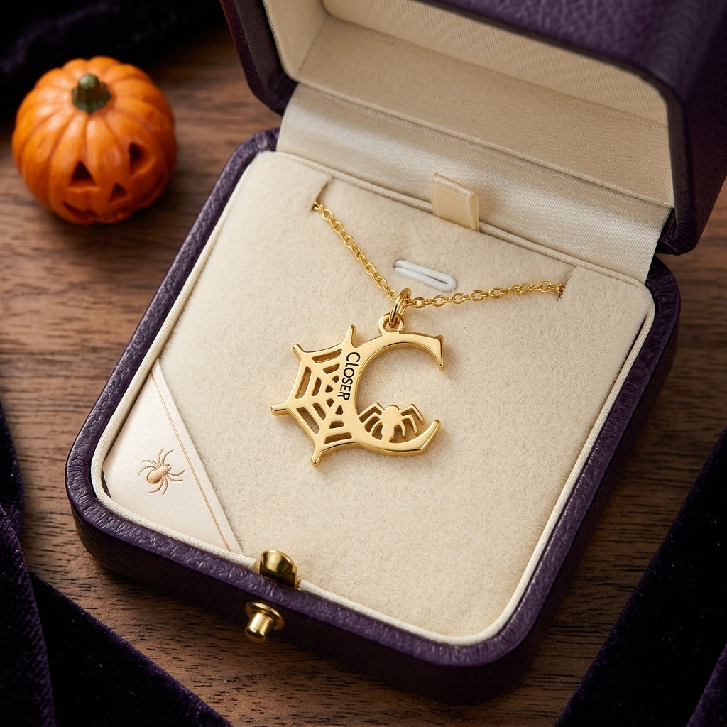 Engraved Gold Spider Web Necklace – Personalized Name Initial Halloween Jewelry Gift for Women