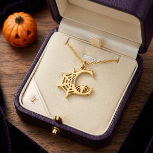 Engraved Gold Spider Web Necklace – Personalized Name Initial Halloween Jewelry Gift for Women