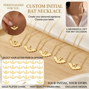 Gold Bat Initial Necklace – Halloween Jewelry Gift for Women with Adjustable Chain