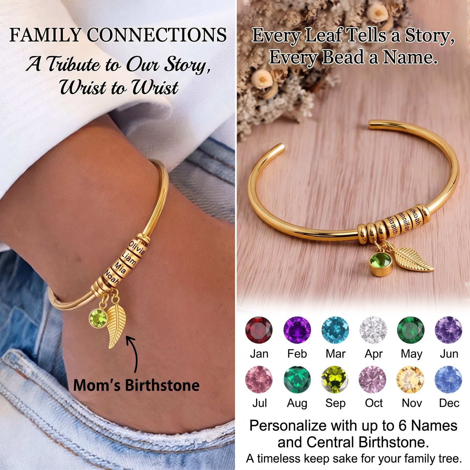 Personalized Bead Name With Birthstone Leaf Charm Bracelet Bangle, Gift For Grandma Mom