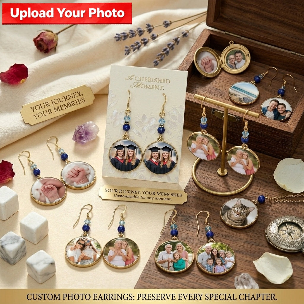 Personalized Photo Earrings – Round Disc Keepsake Jewelry for Mom, Daughter, Family