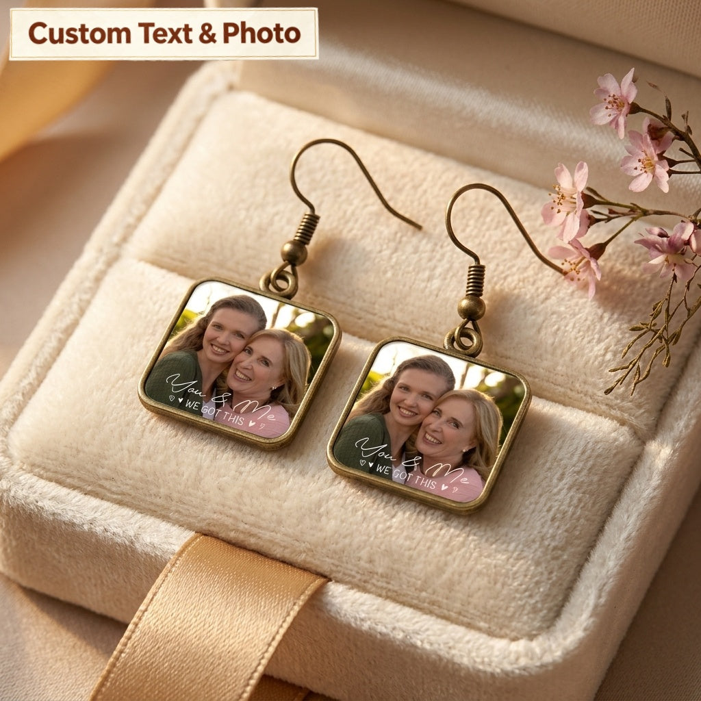 Personalized "You & Me" Photo Earrings - Custom Square Keepsake Jewelry Anniversary Gift for Her