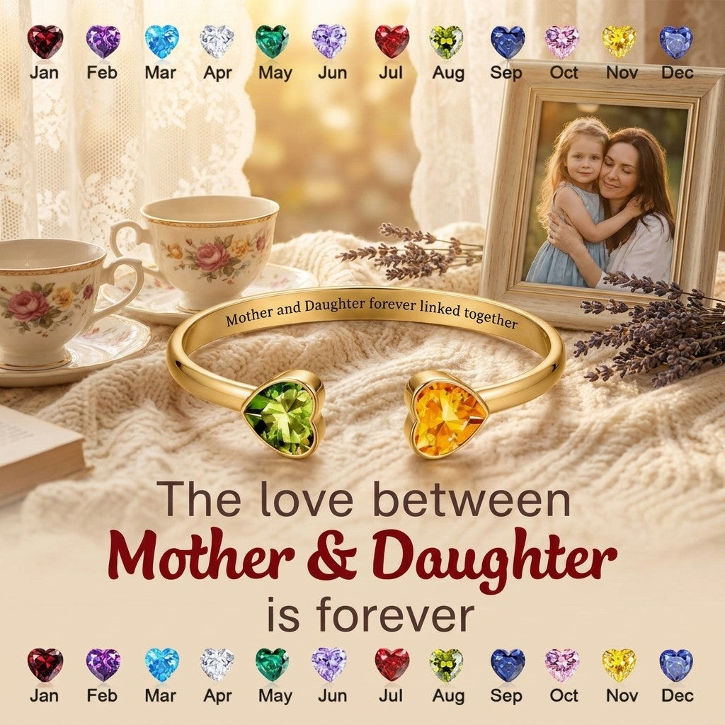 Mother & Daughter Double Heart Custom Birthstones Bracelet Sister Engraved Bracelets For Women
