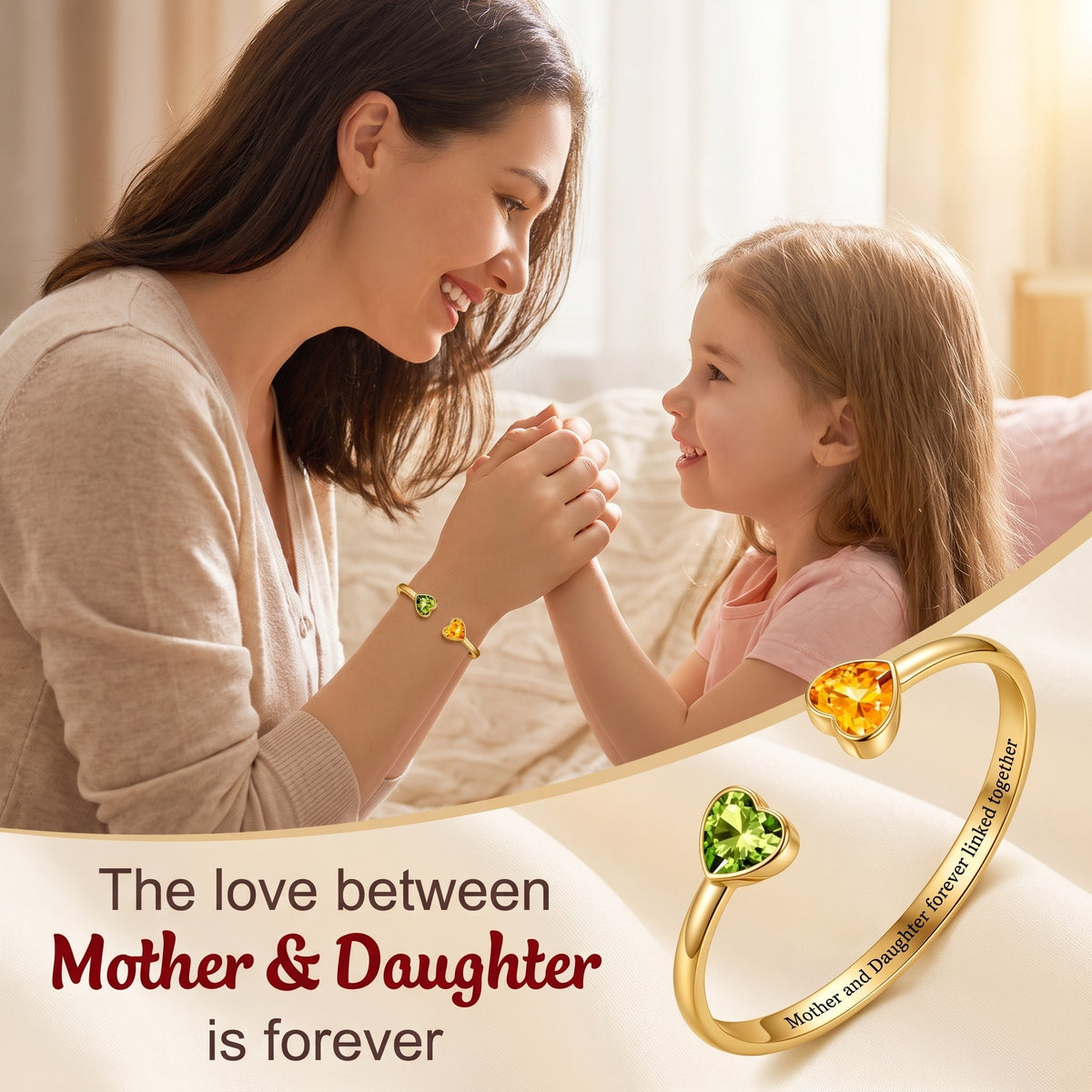 Mother & Daughter Double Heart Custom Birthstones Bracelet Sister Engraved Bracelets For Women
