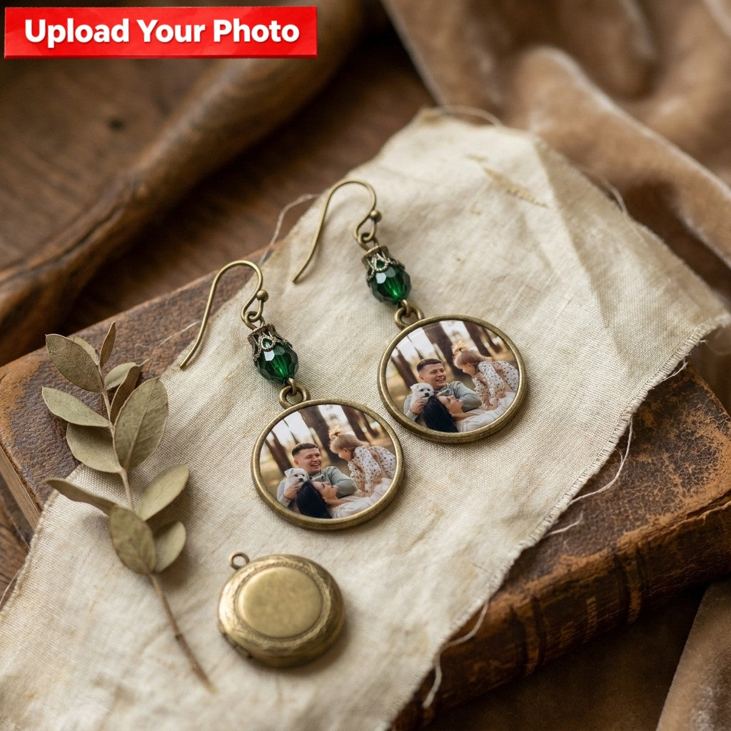 Personalized Photo Drop Earrings – Vintage Round Disc Keepsake Jewelry, Meaningful Gift for Mom & Family