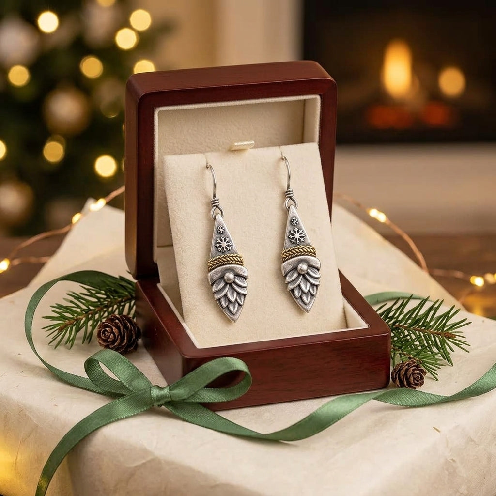 Vintage Nordic Gnome Snowflake Earrings – Whimsical Winter Dangle Jewelry, Christmas Gift for Her