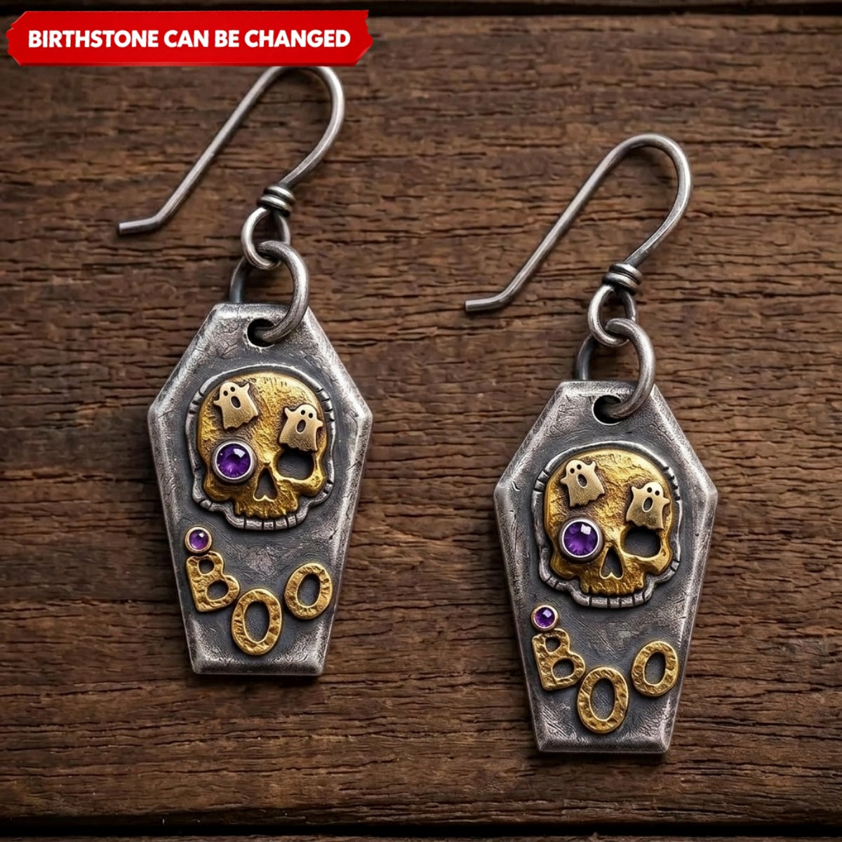 Custom Double Birthstone Coffin Earrings – Vintage Gothic Dangle Jewelry Gift for Her