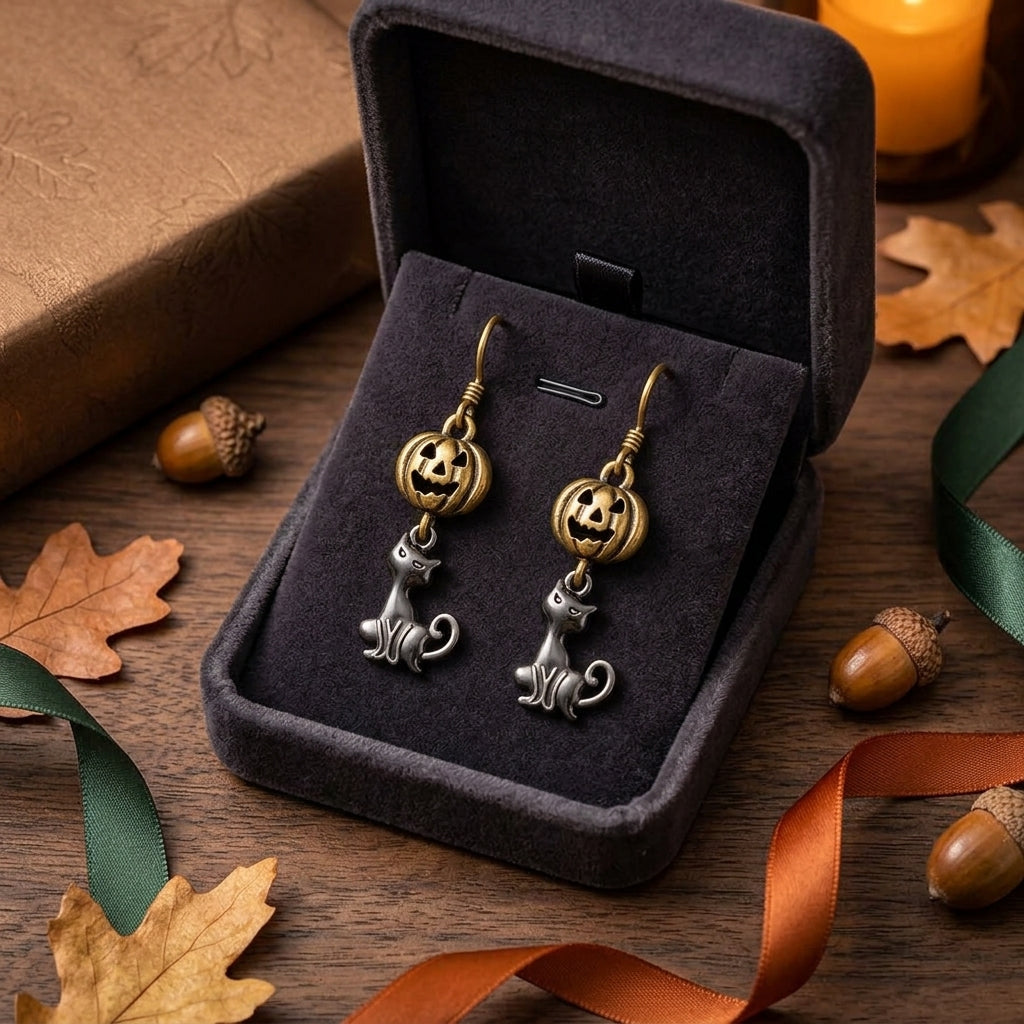 Vintage Pumpkin & Black Cat Earrings – Halloween Dangle Jewelry, Spooky Gift for Her