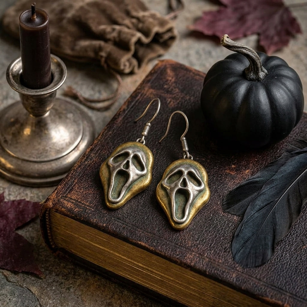 Vintage Screaming Ghost Mask Earrings - Spooky Halloween Dangle Jewelry, Gift for Her