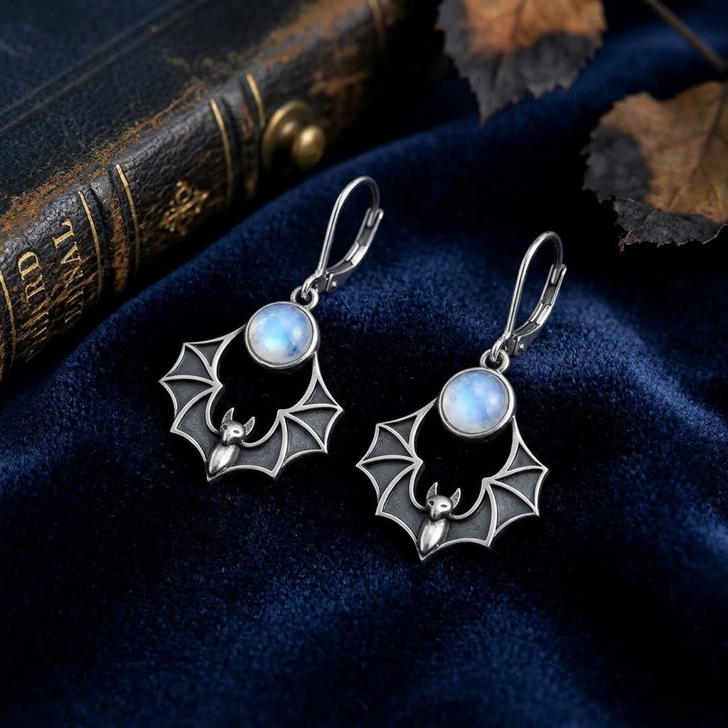 Vintage Gothic Moonstone Bat Drop Earrings - Spooky Jewelry, Halloween Gift for Her