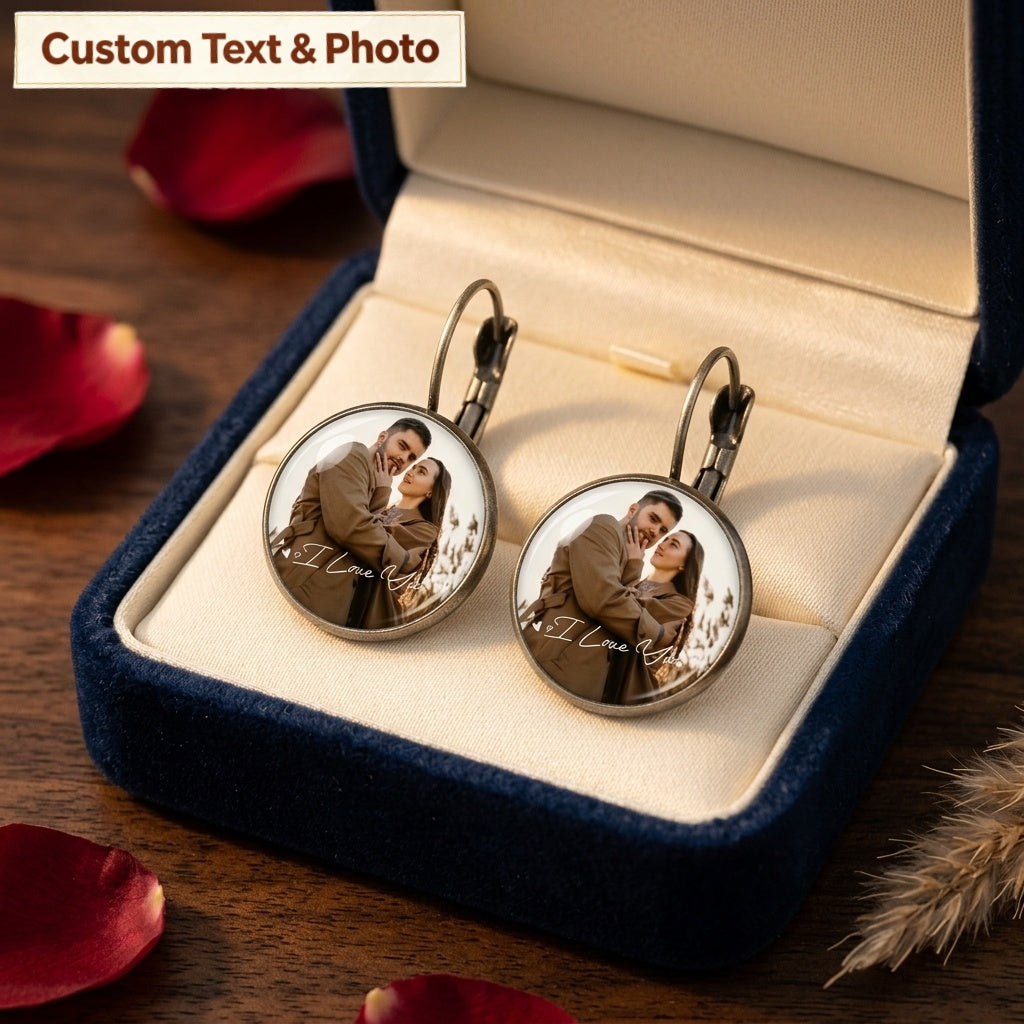 Personalized "You & Me" Photo Earrings – Vintage Round Crystal Disc Keepsake Jewelry, Anniversary Gift for Her