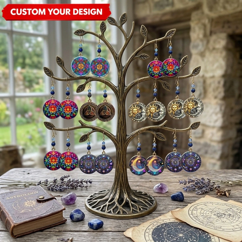 Custom Witchy Mandala Earrings Round Disc Celestial Mystic Dangle Jewelry Gift for Her