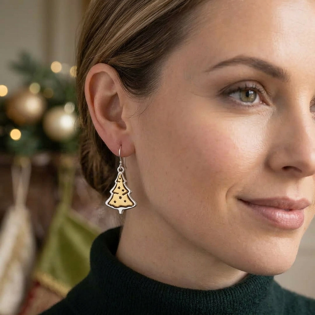 Vintage Christmas Tree Star Earrings – Cutout Holiday Drop Jewelry, Festive Gift for Her
