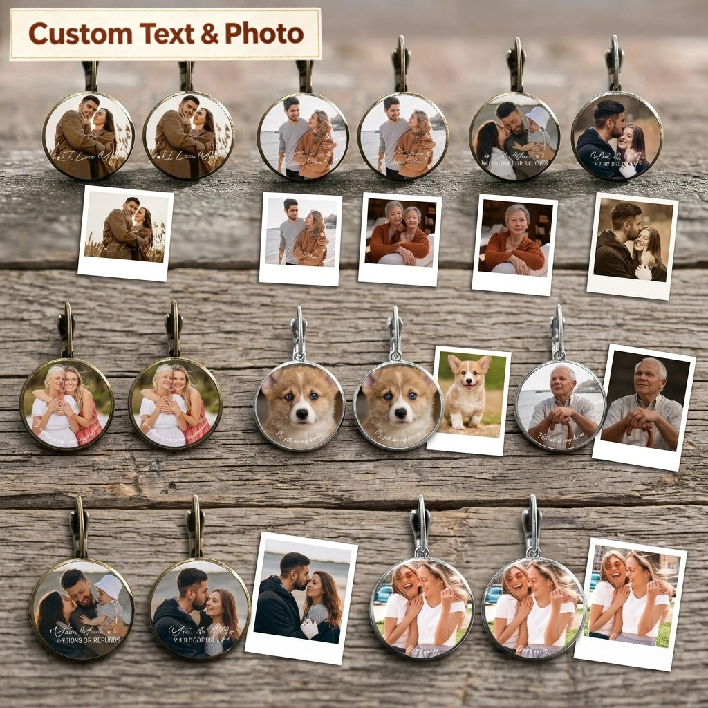 Personalized "You & Me" Photo Earrings – Vintage Round Crystal Disc Keepsake Jewelry, Anniversary Gift for Her