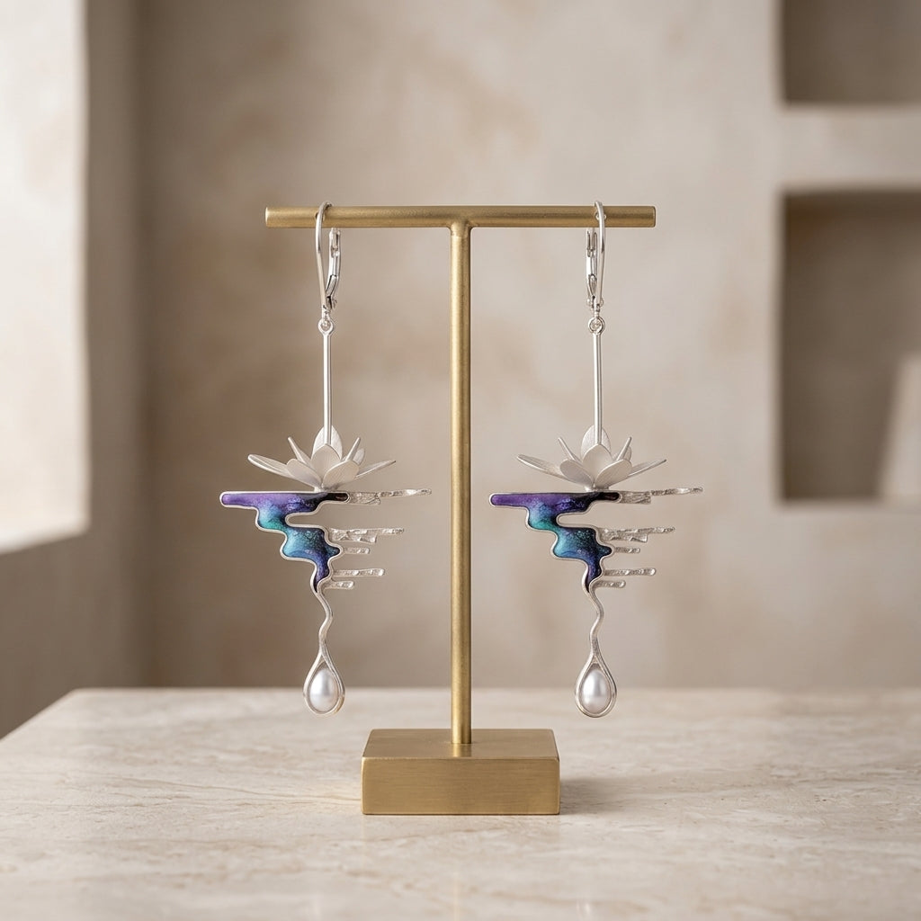 Vintage 3D Lotus Cloud Mountain Pearl Earrings - Artistic Dangle Jewelry, Unique Gift for Her