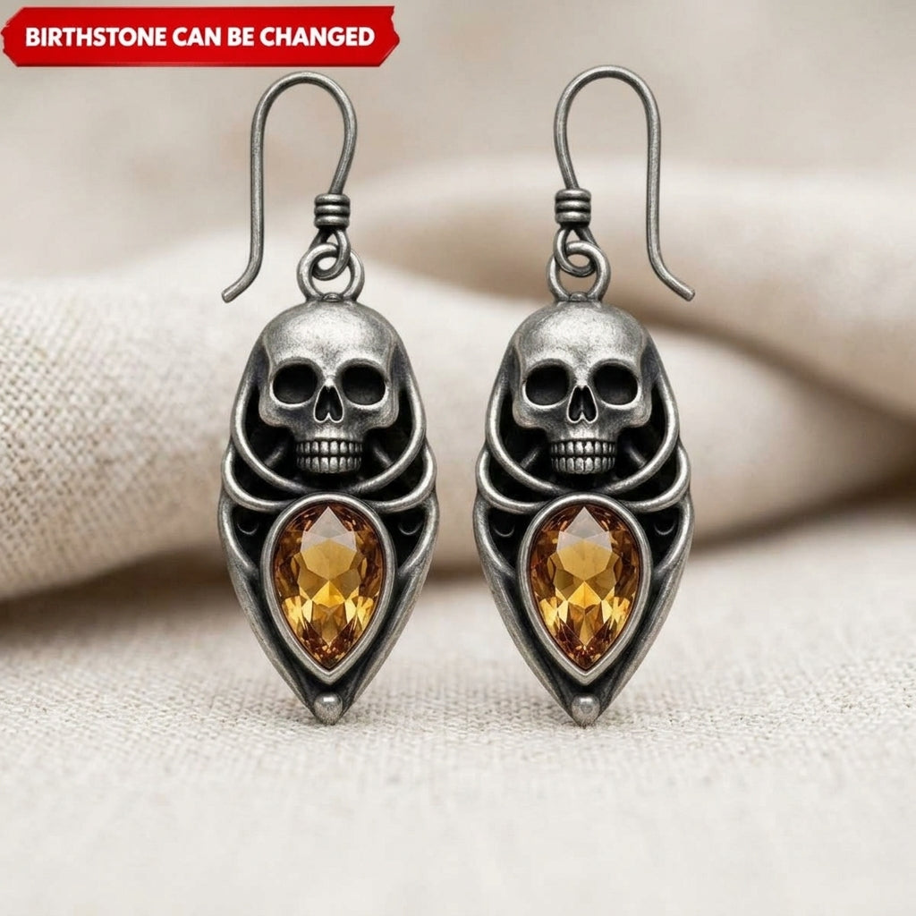 Personalized Skull Birthstone Earrings – Vintage Teardrop Gem Dangle Jewelry, Halloween Gift for Her