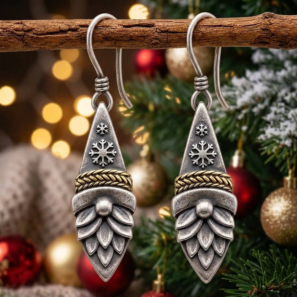 Vintage Nordic Gnome Snowflake Earrings – Whimsical Winter Dangle Jewelry, Christmas Gift for Her