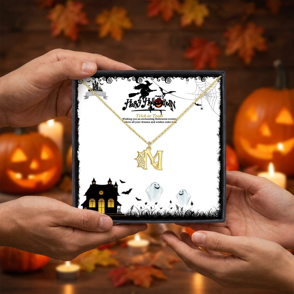 14K Gold Plated Spider Web Initial Necklace – Fun Halloween Jewelry Gift for Women & Teen Girls