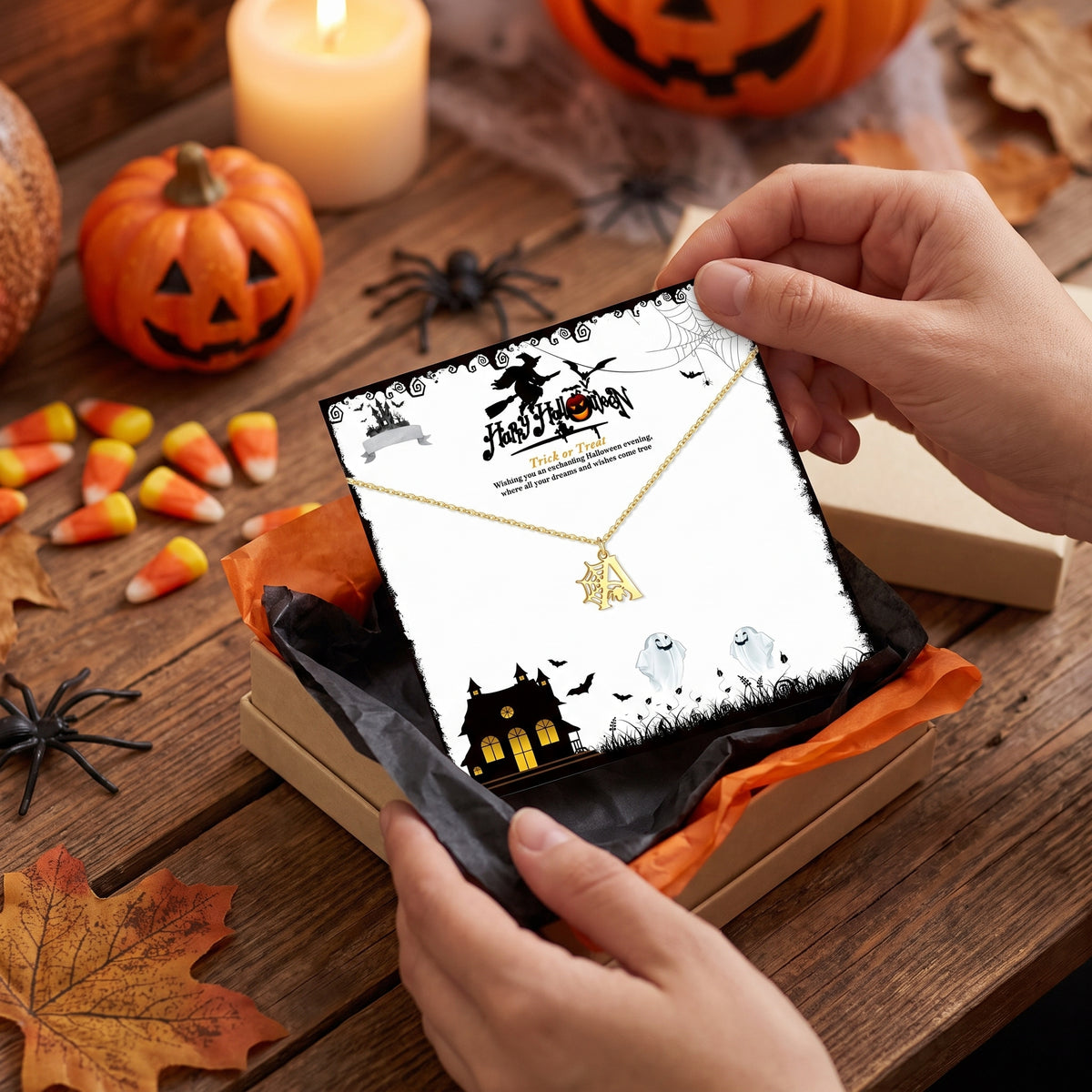 14K Gold Plated Spider Web Initial Necklace – Fun Halloween Jewelry Gift for Women & Teen Girls