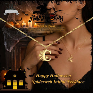 14K Gold Plated Spider Web Initial Necklace – Fun Halloween Jewelry Gift for Women & Teen Girls