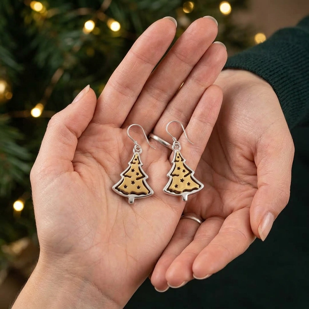 Vintage Christmas Tree Star Earrings – Cutout Holiday Drop Jewelry, Festive Gift for Her