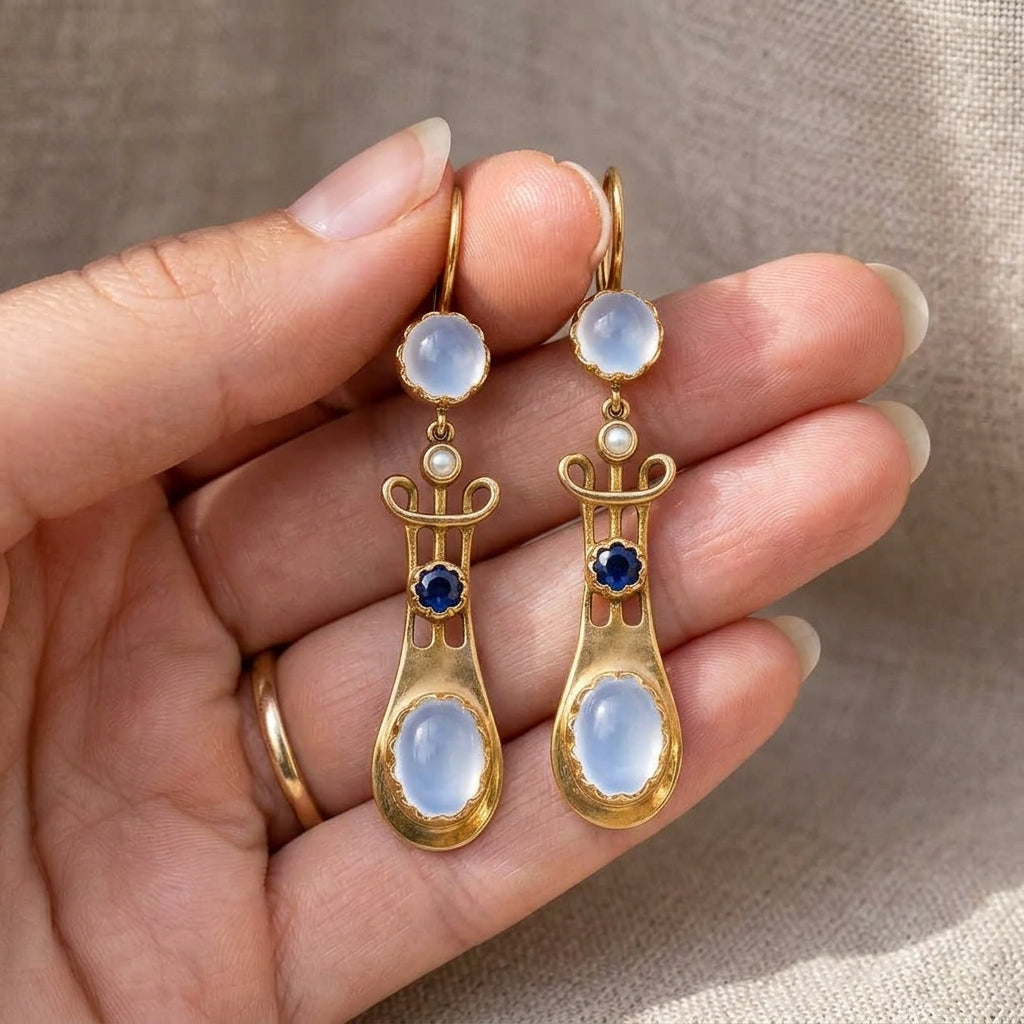 Vintage Art Nouveau Moonstone Sapphire Dangle Earrings - Elegant Copper Jewelry, Unique Gift for Her