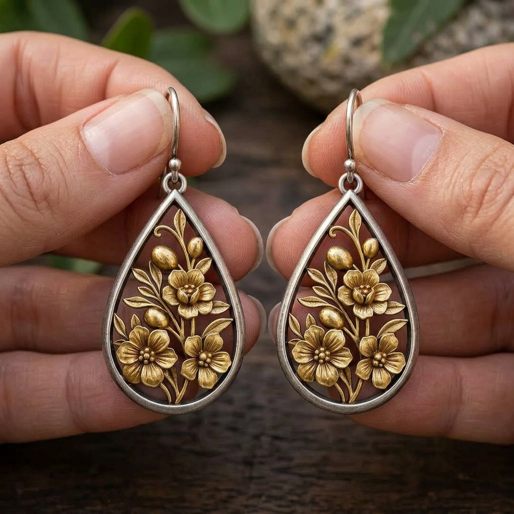 Vintage Openwork Floral Teardrop Earrings – Copper Drop Jewelry Gift for Her