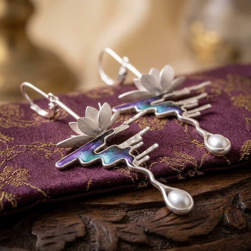 Vintage 3D Lotus Cloud Mountain Pearl Earrings - Artistic Dangle Jewelry, Unique Gift for Her