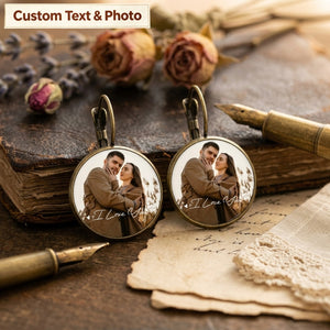Personalized "You & Me" Photo Earrings – Vintage Round Crystal Disc Keepsake Jewelry, Anniversary Gift for Her