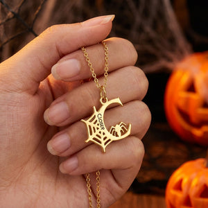 Engraved Gold Spider Web Necklace – Personalized Name Initial Halloween Jewelry Gift for Women