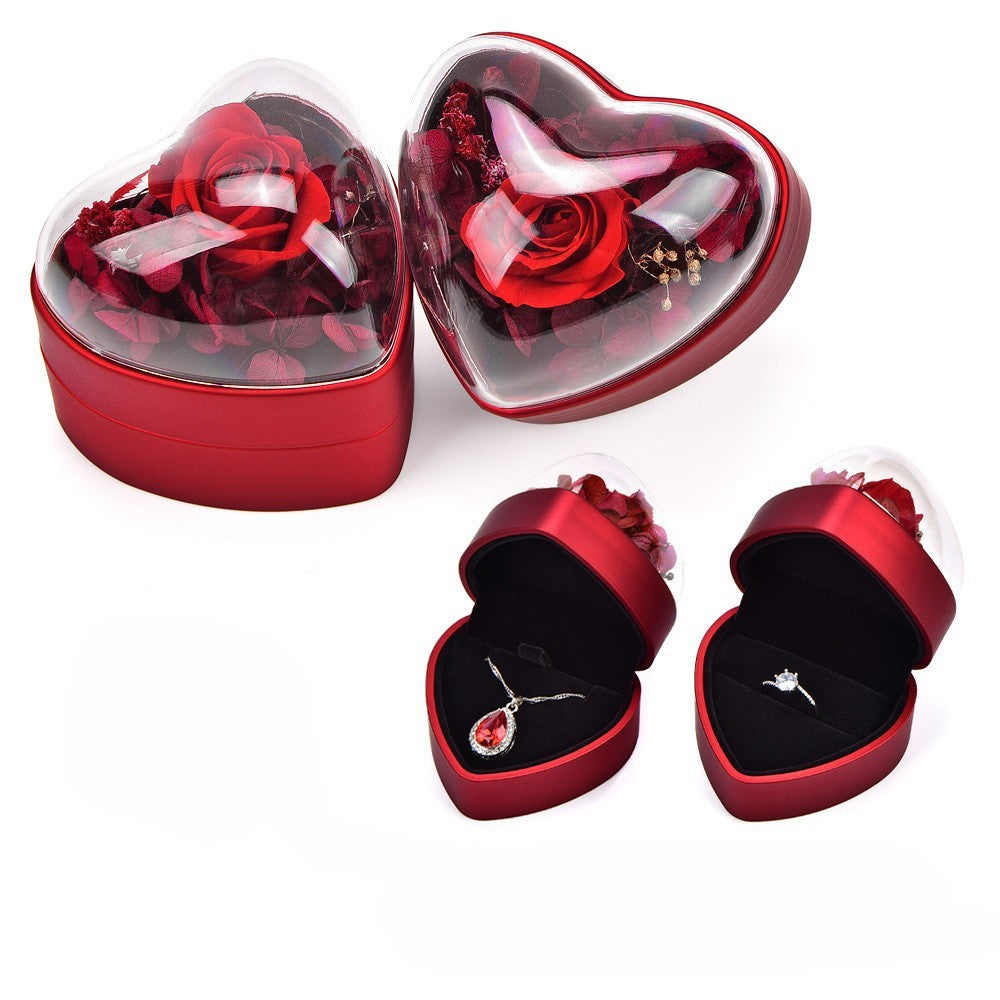 Jewelry Box (For Rings Or Pendants) - Heart-Shaped Flower Box With Preserved Roses