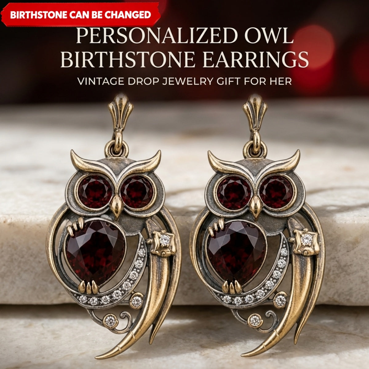 Personalized Owl Birthstone Earrings – Vintage Drop Jewelry, Ruby-Inspired Detail, Gift for Her