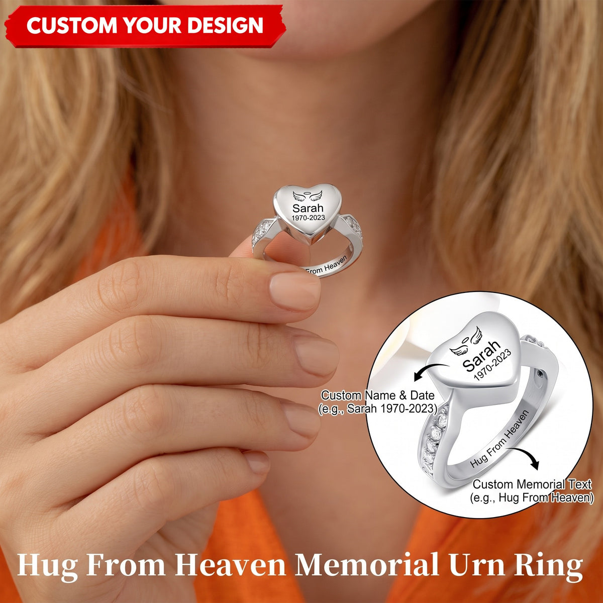 Personalized Name Date Memorial Heart Urn Ring - Custom Silver Jewelry for Loss